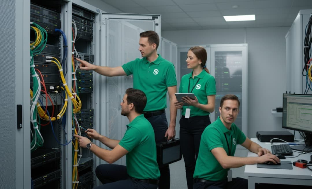 Presenter discussing analytics with team